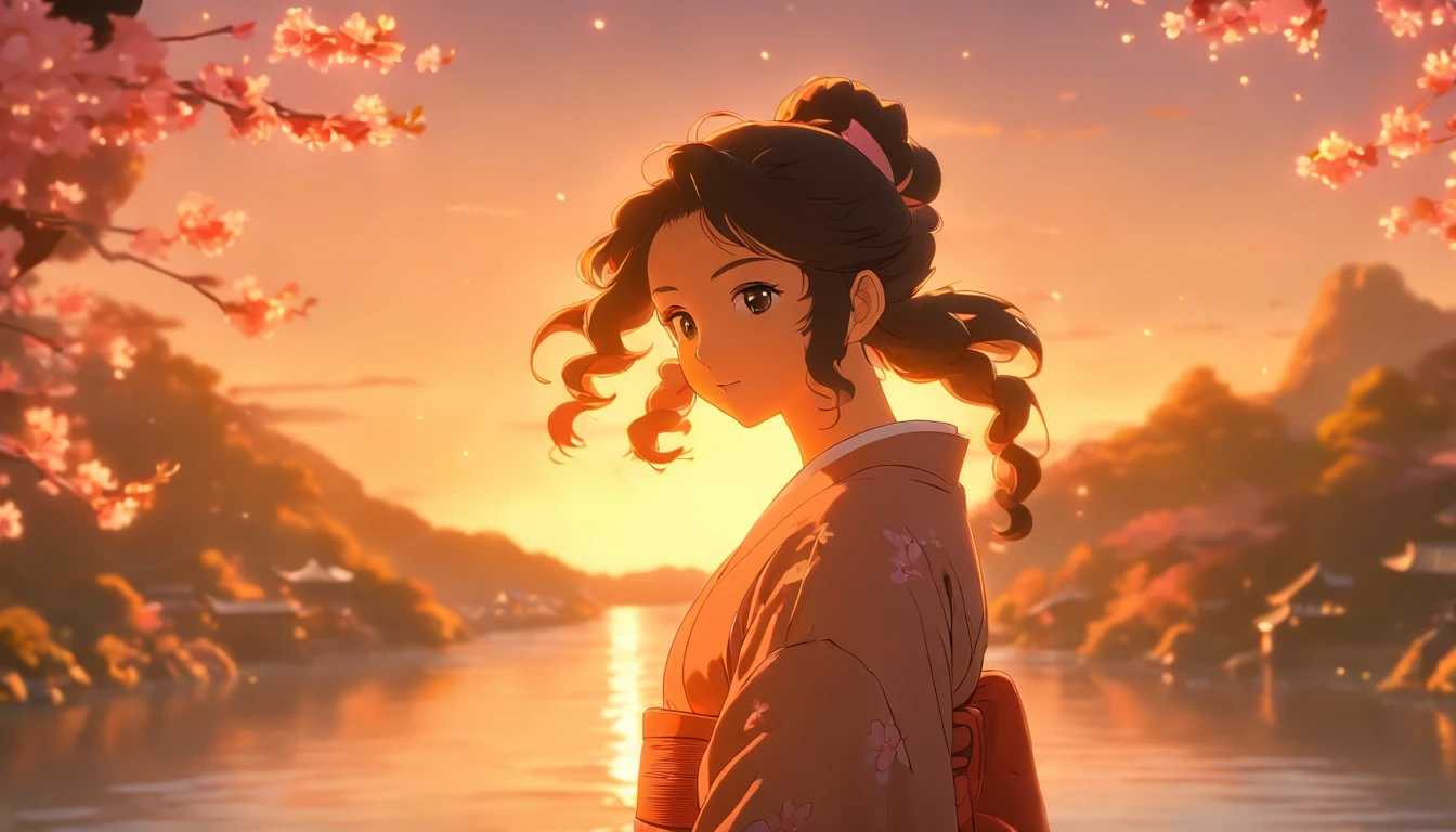 a young girl with long flowing hair standing by a tranquil river,traditional japanese tea house nestled amongst cherry blossom trees,pink cherry blossom petals gently floating in the air,pastel-hued sky with warm golden sunset glow,distant rolling hills and mountain range silhouette,friends playing and laughing in the background,ultra-detailed,8k,highres,masterpiece,photorealistic,cinematic lighting,vibrant colors,serene and nostalgic anime atmosphere