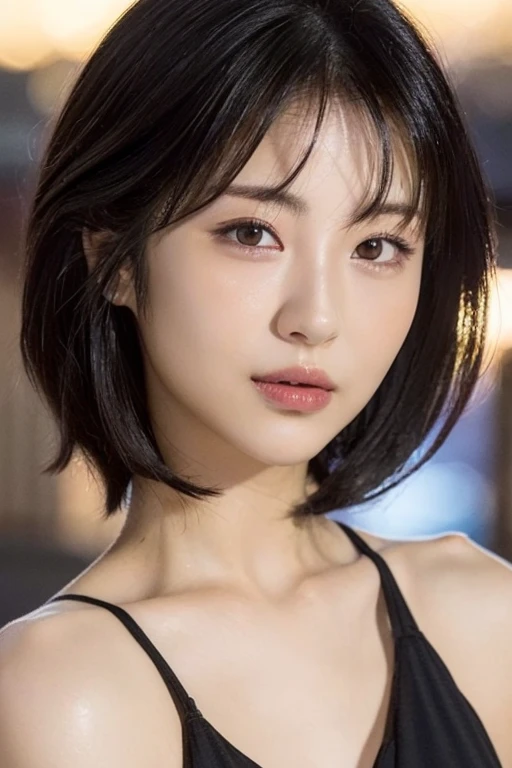 Random Pause, Mix 4, (8K, Original photo, Highest quality, masterpiece: 1.45), (Actual, Vibrant: 1.37), Skinny Japanese woman, One girl, charm, City view, night, rain, Wet, Professional Lighting, Photon Mapping, Radio City, Physically Based Rendering, Gradient black hair, Short Curly Hair, good looking, girl, T-Shirts, High resolution, 1080P, (Beautiful Face), (Detailed facial depiction), (Detailed description of the hand), (Detailed CG), Extreme light and shadow, Messy Hair, Lots of details, (exquisite features), (Highest quality photos), (Beautiful Eyes), Look in front of you, Thin clavicle,