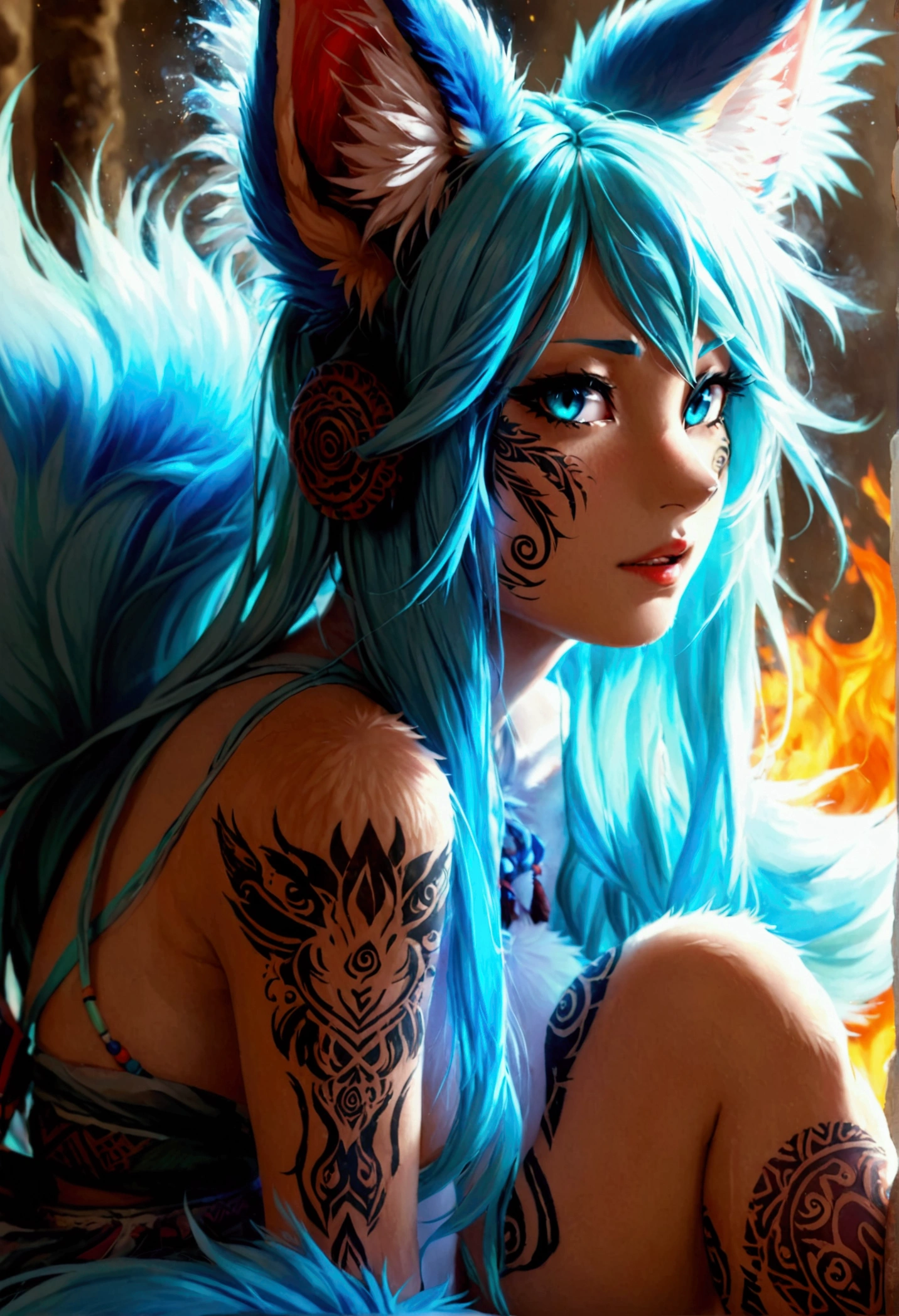 Miku Hatsune, add high definition_detail:1, blue fur,kitsune ears, tribal tattoo add_detail:1, in hell add_detail, barefoot, nice legs