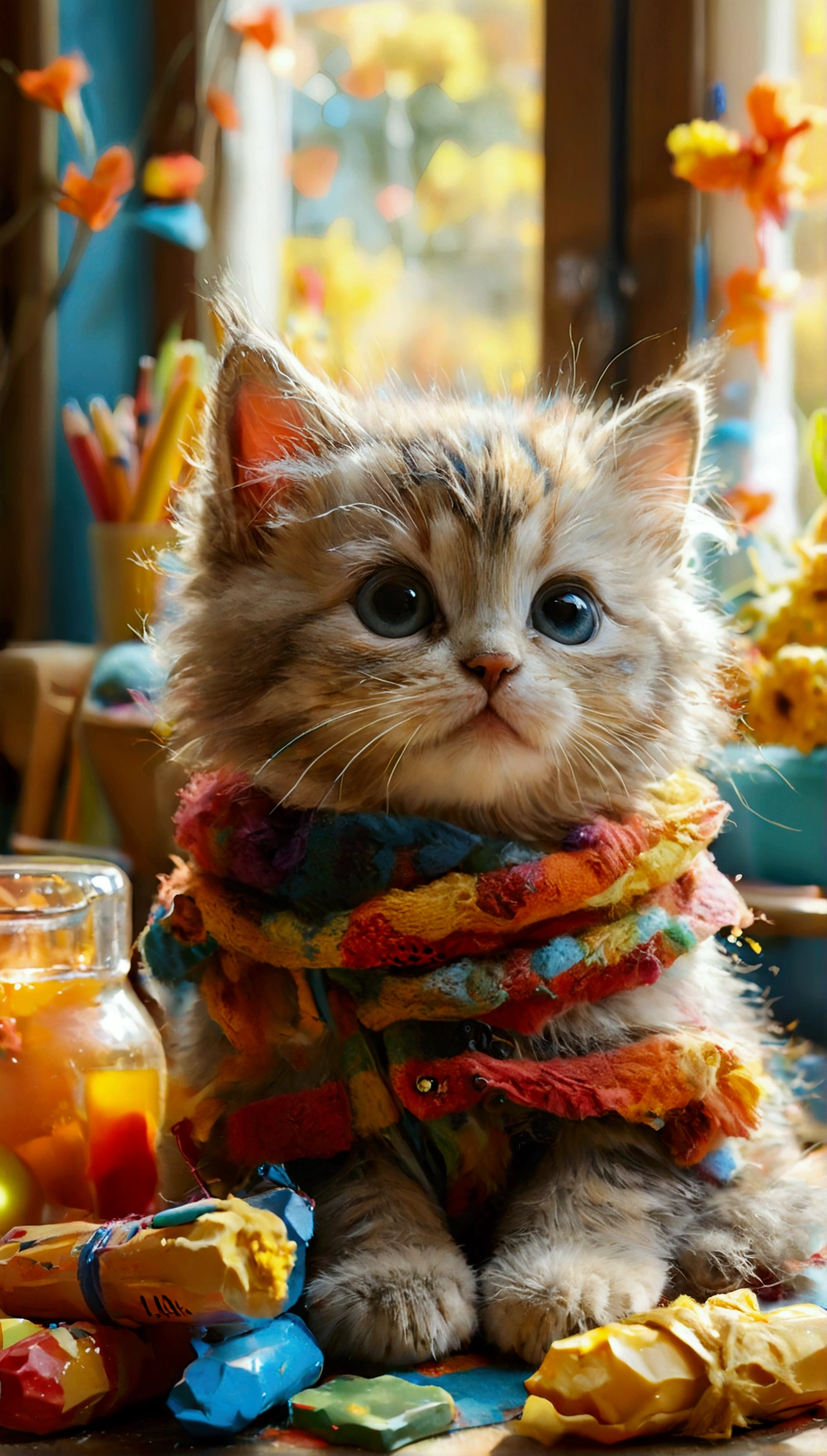 Create a heartwarming scene featuring a cute kitten with fluffy fur and large round eyes. The kitten should be in a cozy classroom filled with bright, sunny windows. The classroom should have a warm and welcoming atmosphere, with several other kittens sitting together, sharing colorful crayons and enjoying yummy snacks during their breaks. The overall image should convey a sense of friendship, fun, and comfort.