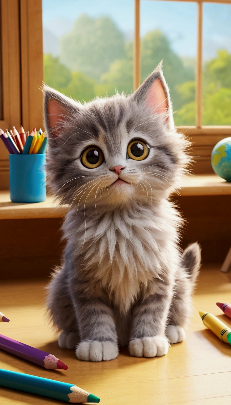 Create a heartwarming scene featuring a cute kitten with fluffy fur and large round eyes. The kitten should be in a cozy classroom filled with bright, sunny windows. The classroom should have a warm and welcoming atmosphere, with several other kittens sitting together, sharing colorful crayons and enjoying yummy snacks during their breaks. The overall image should convey a sense of friendship, fun, and comfort.