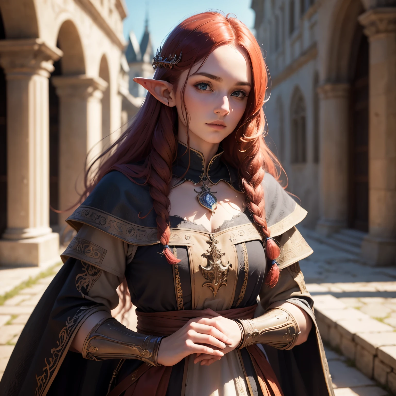 sup((best quality)), ((masterpiece)), (detailed), Prize-winning works, with incredible details, maximum textures and details, supHD ,8K,super resolution ,depth of field, retina, masterpiece, anatomically correct, textured skin, super detail, high details, highres ,an elf ,wearing a medieval dress with lots of details,2 male adventurers of medieval fantasy RPG,very long red hair, similar to the work of JRR Tolkien,longCap ,fully body, detailedeyes (25 year old young man :1.1,detailedeyes, face detailed, whole body:1.1,the background is a magnificent castle similar to Castello de Chambord ),(best qualityer:1.2,ultra detali:1.1,realisitic:1.37) ,eyeshadows,sharp focus,swirly vibrant colors,) 