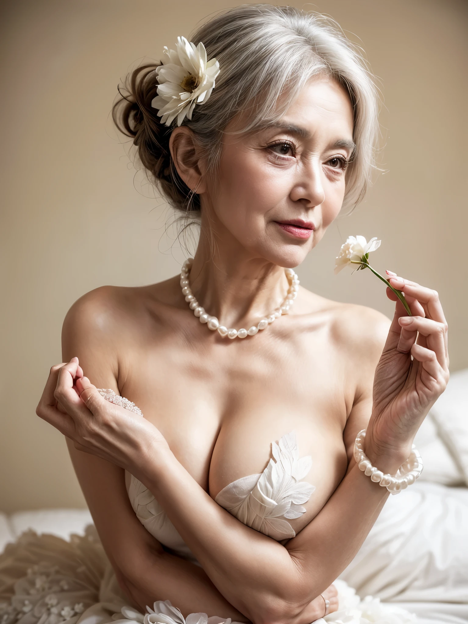 Beautiful elderly woman, cute,sexy,80 years old,,sexy,Wear a pearl necklace, Flowers in her hair, hair bunches, holding a little bunch of white flowers in her hand, posing with flowers, old woman, Ultra big Big saggy soft:1.4, Breasts, Curly Hair, big nipples, mature nipples