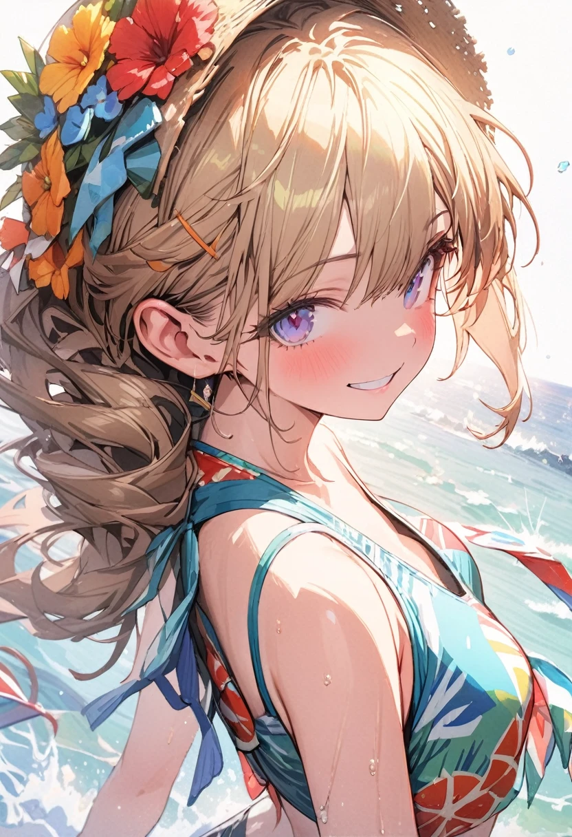 cute girl, wearing a swim wear, bikini, big blast, weat skin, weat hair, smile, (masterpiece, best quality, highly detailed, ultra detailed, absurdres:1.3), (1girl, cute, charming, detailed beautiful face:1.3), (fantastic illustration, beautiful detail, best quality, top quality, high quality, fain touch outline:1.3), watercolor, clear, beautiful detail, background beach, sunshine, enjoy summer, beautiful detail, fullbody