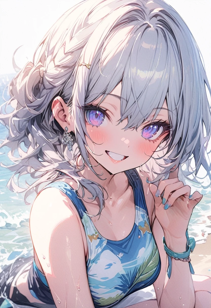 cute girl, wearing a swim wear, bikini, big blast, weat skin, weat hair, smile, (masterpiece, best quality, highly detailed, ultra detailed, absurdres:1.3), (1girl, cute, charming, detailed beautiful face:1.3), (fantastic illustration, beautiful detail, best quality, top quality, high quality, fain touch outline:1.3), watercolor, clear, beautiful detail, background beach, sunshine, enjoy summer, beautiful detail, fullbody