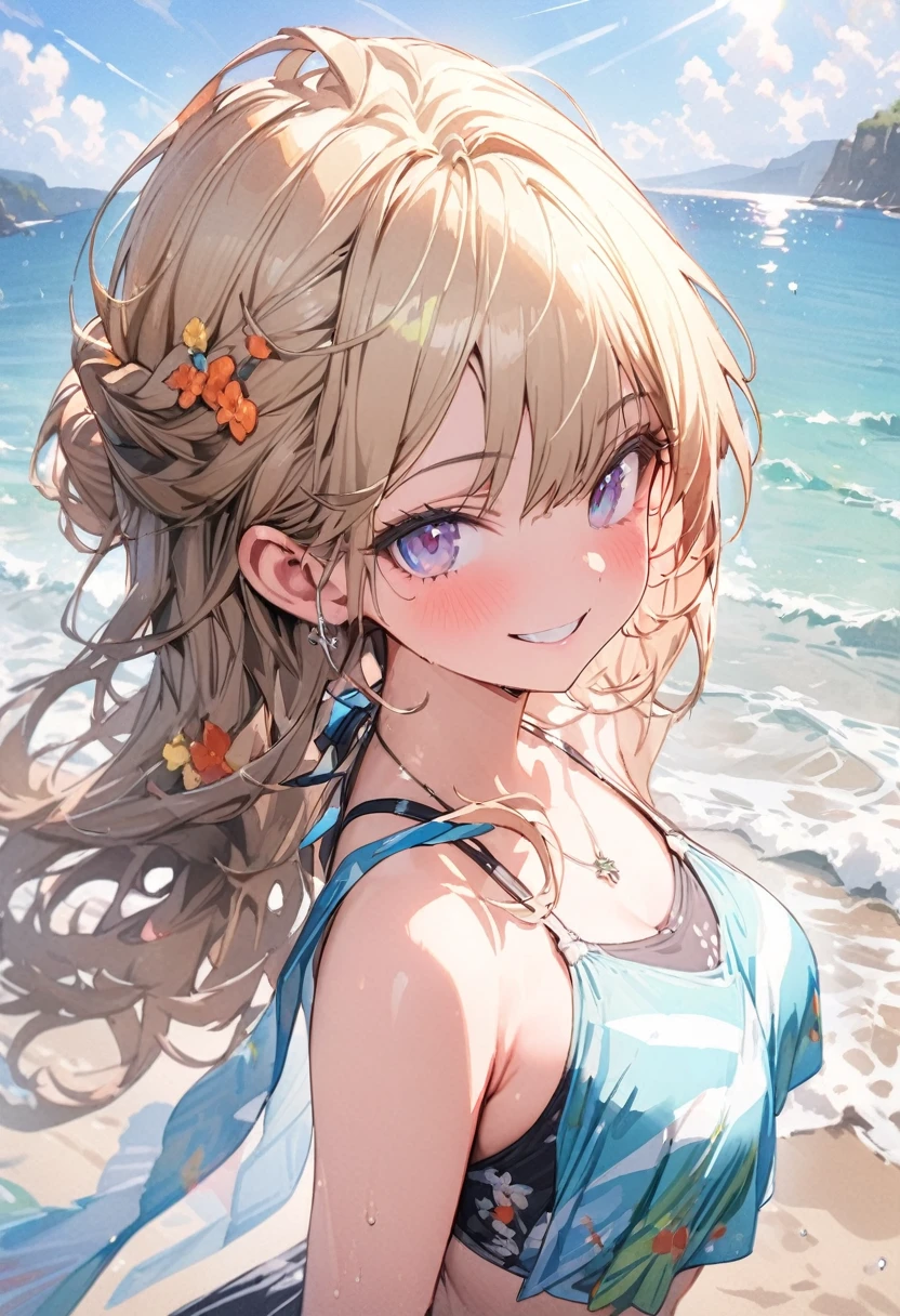 cute girl, wearing a swim wear, bikini, big blast, weat skin, weat hair, smile, (masterpiece, best quality, highly detailed, ultra detailed, absurdres:1.3), (1girl, cute, charming, detailed beautiful face:1.3), (fantastic illustration, beautiful detail, best quality, top quality, high quality, fain touch outline:1.3), watercolor, clear, beautiful detail, background beach, sunshine, enjoy summer, beautiful detail, fullbody