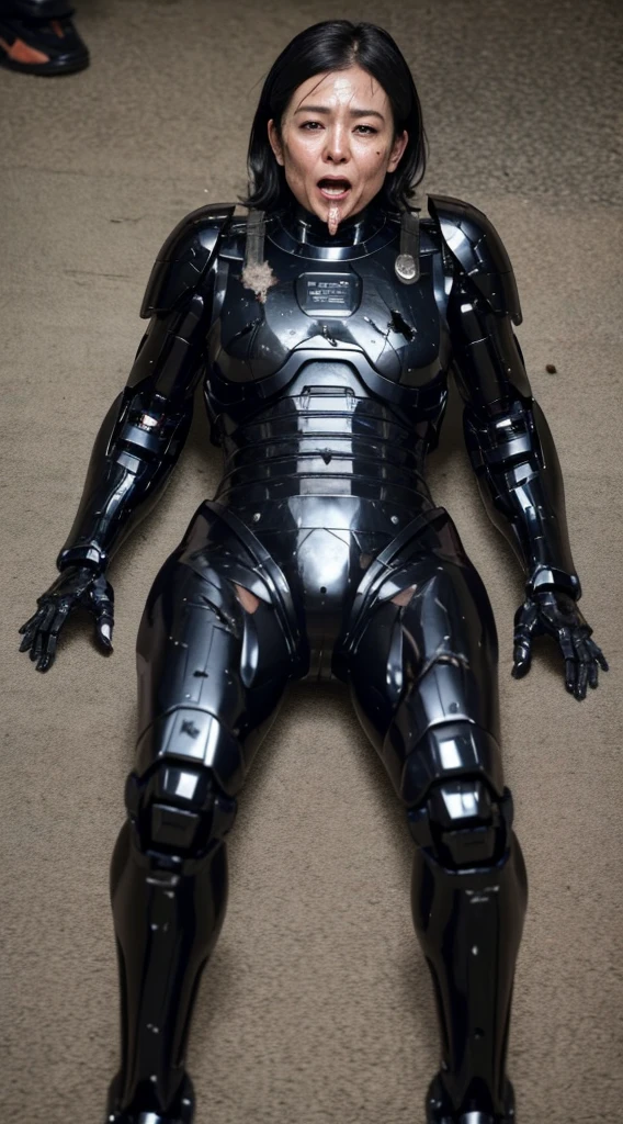 ((lie face up on the ground))((Full Body Shot))Middle-aged women Sweaty face、Black Weight Robot Suit、full black armor, Black Hair、Heavy Cyborg、Sweaty face、、Spread your legs、((Heavily damaged armor))、Open your mouth、、((Drooling from the mouth..)) Sexy Eyes Cracks in the ground、Bleeding from the mouth、The whole body is damaged、close your eyes water from crotch