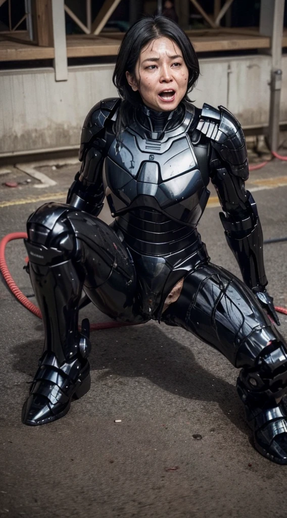 ((lie face up on the ground))((Full Body Shot))Middle-aged women Sweaty face、Black Weight Robot Suit、full black armor, Black Hair、Heavy Cyborg、Sweaty face、、Spread your legs、((Heavily damaged armor))、Open your mouth、、((Drooling from the mouth..)) Sexy Eyes Cracks in the ground、Bleeding from the mouth、The whole body is damaged、close your eyes water from crotch