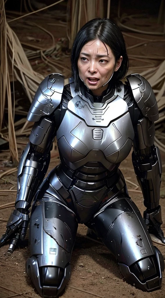 ((lie face up on the ground))((Full Body Shot))Middle-aged women　Sweaty face、Black Weight Robot Suit、full black armor, Black Hair、Heavy Cyborg、Sweaty face、、Spread your legs、((Heavily damaged armor))、Open your mouth、、((Drooling from the mouth..)) Sexy Eyes　Cracks in the ground、Bleeding from the mouth、The whole body is damaged、close your eyes　water from crotch