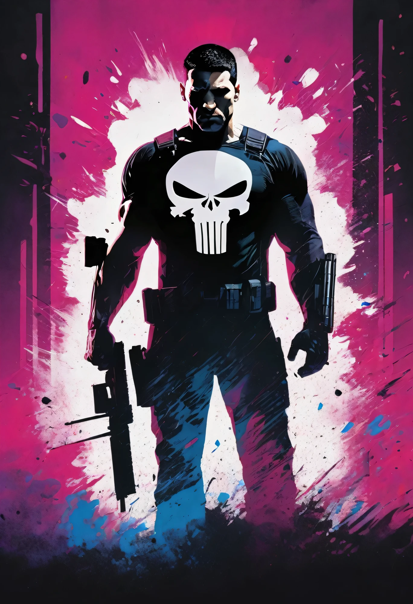 A brooding vigilante, embodying elements of Pop Art, and Cubism styles, exudes a grunge undertone in a movie poster aesthetic. Vibrant tetradic colors pop against a black light spot, creating a high-octane energy. This captivating image captures the Punisher in a dynamic and edgy manner, blending different art styles seamlessly. The details in the artwork are exquisite, showcasing the character's intense nature and complexity. The high quality of the image is undeniable, drawing viewers into the intense world of the Punisher. Sinister atmosphere. Full body.