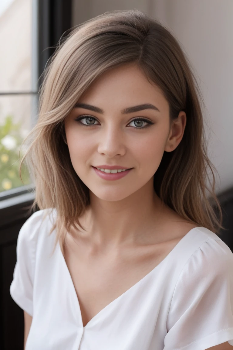 Créez une image hyperréaliste d'une femme avec une apparence naturelle et authentique peau claire légèrement rosée visage en forme de cœur traits harmonieux cheveux mi-longs lisses et noirs avec une frange yeux grands et bleus avec des reflets argentés une expression douce et sereine un sourire léger maquillage subtil accentuant les yeux et les lèvres sans être trop prononcé vêtue d'une blouse blanche légère avec un motif discret en extérieur à la lumière douce du matin avec un arrière-plan flou d'un champ de fleurs sauvages assurez-vous que les détails de la peau des cheveux et des yeux soient minutieusement soignés pour un rendu le plus réaliste possible la lumière et les ombres doivent être naturelles et l'arrière-plan doit créer une atmosphère paisible et accueillante