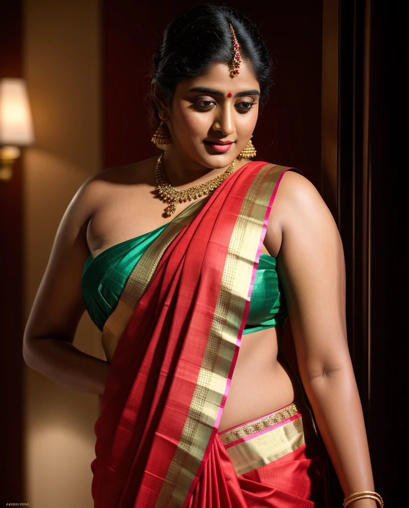 Foto RAW, photorealistic, photography, full body shot, master shot, Saree model, model Photography, Indian saree shoot, Indian traditional wear advertising photography, traditional wear brand shoot, face of Indian actress NivethaThomas, masterpiece, realistic, realism, photorealism, high contrast, photorealistic Artstation 8k HD digital art trend of high definition and detailed realistic skin texture, ultra detail, realistic skin texture, armature, best quality, ultra high definition, (photorealistic:1.4),, high resolution, detail, raw photo, Re sharp, by Lee Jefferies Nikon D850 Film Stock Photo 4 Kodak Portra 400 Camera F1.6 Lens Rich Color Ultra Real Realistic Realistic Textures Dramatic Lighting Unreal Engine Trending at Art Station Cinestill 800,(pele altamente detalhada: 1.2), 8k UHD, DSLR, soft-lighting, alta qualidade, grain of film, Fujifilm XT3, deep navel, jiggly belly, amazing thick figure, 