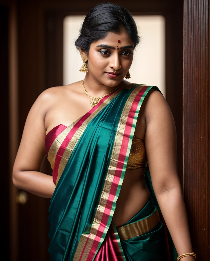 Foto RAW, photorealistic, photography, full body shot, master shot, Saree model, model Photography, Indian saree shoot, Indian traditional wear advertising photography, traditional wear brand shoot, face of Indian actress NivethaThomas, masterpiece, realistic, realism, photorealism, high contrast, photorealistic Artstation 8k HD digital art trend of high definition and detailed realistic skin texture, ultra detail, realistic skin texture, armature, best quality, ultra high definition, (photorealistic:1.4),, high resolution, detail, raw photo, Re sharp, by Lee Jefferies Nikon D850 Film Stock Photo 4 Kodak Portra 400 Camera F1.6 Lens Rich Color Ultra Real Realistic Realistic Textures Dramatic Lighting Unreal Engine Trending at Art Station Cinestill 800,(pele altamente detalhada: 1.2), 8k UHD, DSLR, soft-lighting, alta qualidade, grain of film, Fujifilm XT3, deep navel, jiggly belly, amazing thick figure, 