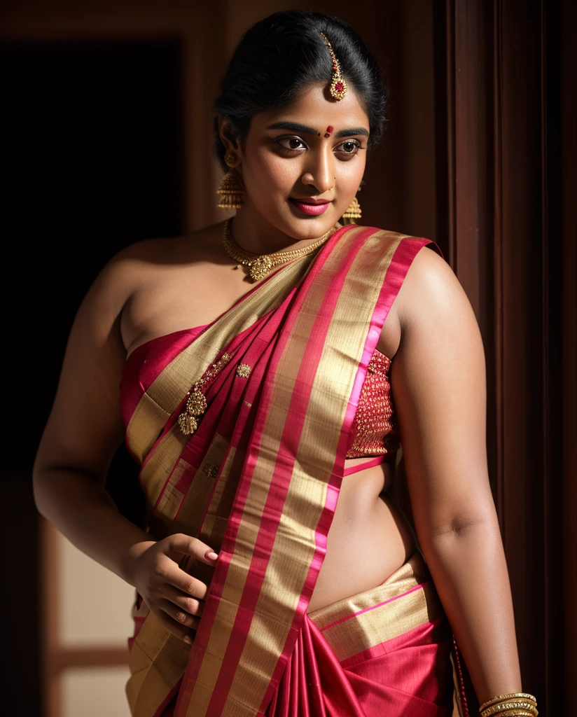 Foto RAW, photorealistic, photography, full body shot, master shot, Saree model, model Photography, Indian saree shoot, Indian traditional wear advertising photography, traditional wear brand shoot, face of Indian actress NivethaThomas, masterpiece, realistic, realism, photorealism, high contrast, photorealistic Artstation 8k HD digital art trend of high definition and detailed realistic skin texture, ultra detail, realistic skin texture, armature, best quality, ultra high definition, (photorealistic:1.4),, high resolution, detail, raw photo, Re sharp, by Lee Jefferies Nikon D850 Film Stock Photo 4 Kodak Portra 400 Camera F1.6 Lens Rich Color Ultra Real Realistic Realistic Textures Dramatic Lighting Unreal Engine Trending at Art Station Cinestill 800,(pele altamente detalhada: 1.2), 8k UHD, DSLR, soft-lighting, alta qualidade, grain of film, Fujifilm XT3, deep navel, jiggly belly, amazing thick figure, 