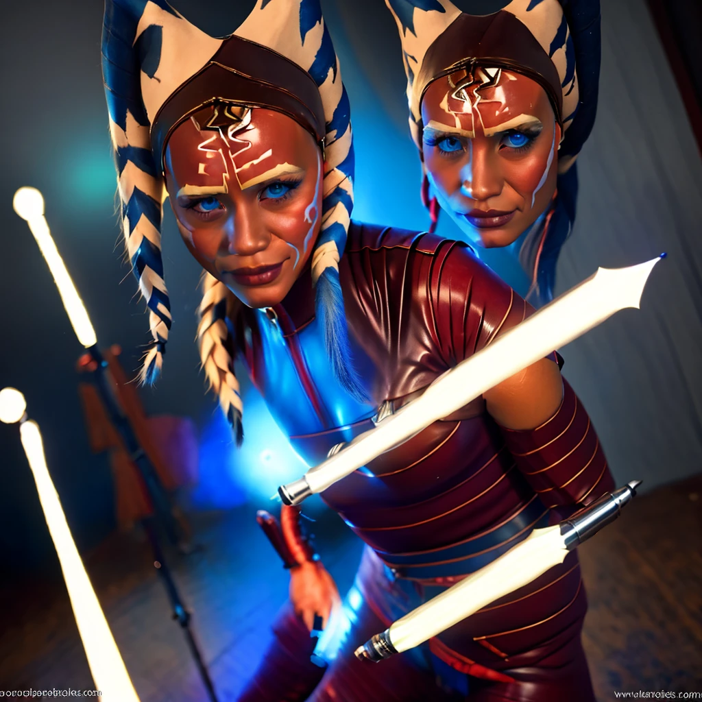 detailed portrait of a female Jedi knight, long orange braids, detailed facial features, piercing blue eyes, determined expression, black bodysuit with armor plating, glowing blue lightsabers, epic battle scene, intense explosion in the background, cinematic lighting, moody color tones, hyper detailed, intricate textures, stunning visual effects, concept art style