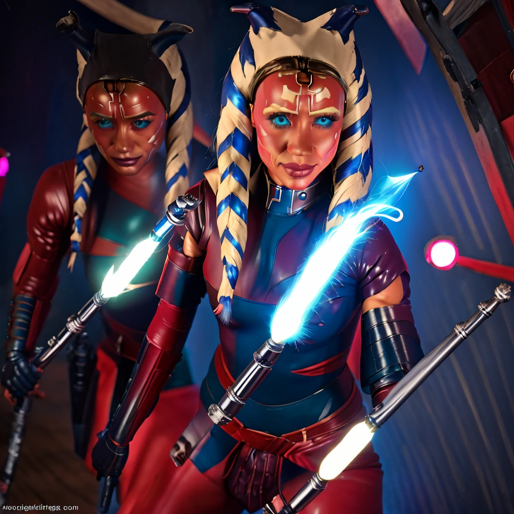 detailed portrait of a female Jedi knight, long orange braids, detailed facial features, piercing blue eyes, determined expression, black bodysuit with armor plating, glowing blue lightsabers, epic battle scene, intense explosion in the background, cinematic lighting, moody color tones, hyper detailed, intricate textures, stunning visual effects, concept art style