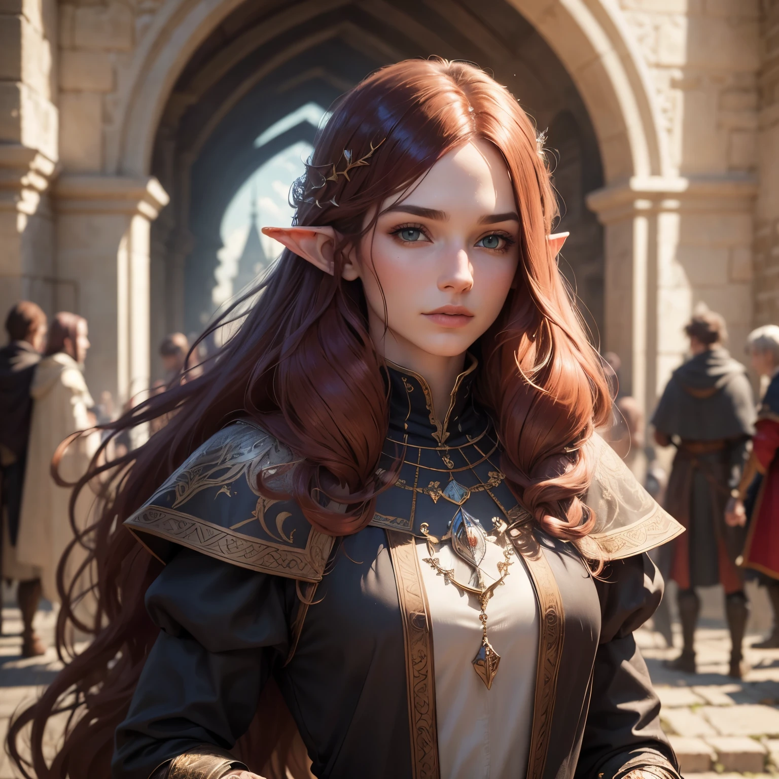 sup((best quality)), ((masterpiece)), (detailed), Prize-winning works, with incredible details, maximum textures and details, supHD ,8K,super resolution ,depth of field, retina, masterpiece, anatomically correct, textured skin, super detail, high details, highres ,an elf ,wearing a medieval dress with lots of details,2 male adventurers of medieval fantasy RPG,very long red hair, similar to the work of JRR Tolkien,longCap ,fully body, detailedeyes (25 year old young man :1.1,detailedeyes, face detailed, whole body:1.1,the background is a magnificent castle similar to Castello de Chambord ),(best qualityer:1.2,ultra detali:1.1,realisitic:1.37) ,eyeshadows,sharp focus,swirly vibrant colors,)