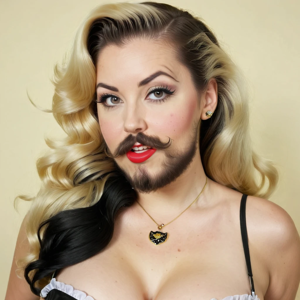 hairy bearded lady brune beard, blonde hair, hairy chest, style pin up