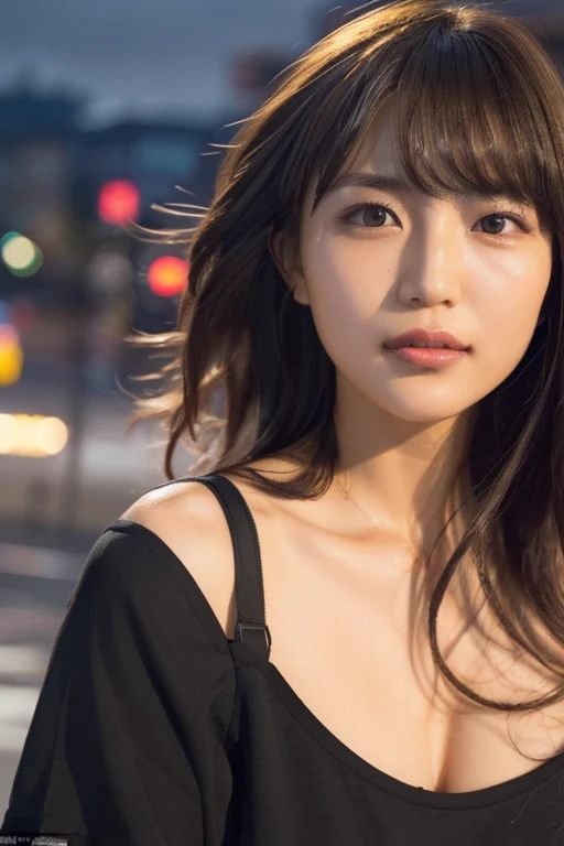 Random Pause, Mix 4, (8K, Original photo, Highest quality, masterpiece: 1.45), (Actual, Vibrant: 1.37), Skinny Japanese woman, One girl, charm, City view, night, rain, Wet, Professional Lighting, Photon Mapping, Radio City, Physically Based Rendering, Gradient black hair, Short Curly Hair, good looking, girl, T-Shirts, High resolution, 1080P, (Beautiful Face), (Detailed facial depiction), (Detailed description of the hand), (Detailed CG), Extreme light and shadow, Messy Hair, Lots of details, (exquisite features), (Highest quality photos), (Beautiful Eyes), Look in front of you, Thin clavicle,