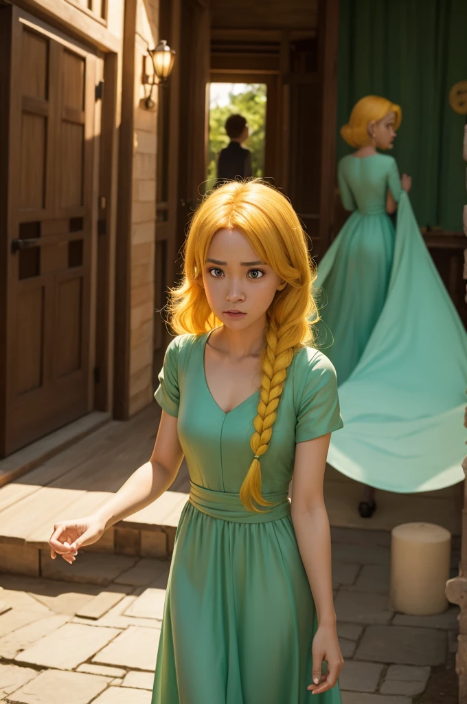 Photo of a hilariously emotional Pixar film, menima green dress, big yellow hair and brown eyes