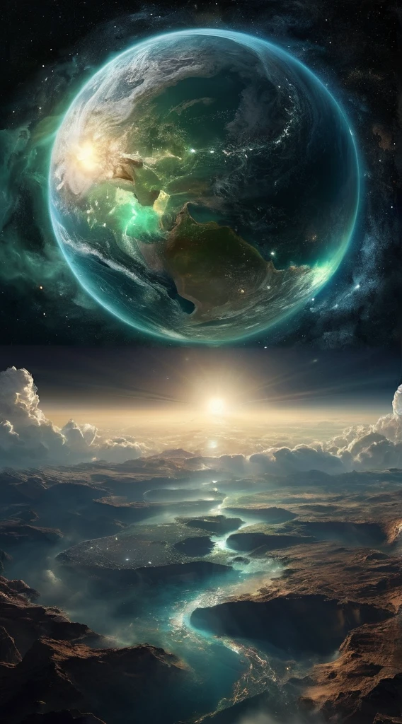 A vast cosmic landscape that stretches as far as the eye can see. At the center, a radiant and luminous sphere, O Sol, radiates a golden light that spreads through space. Around O Sol, a swirl of dust and gas forms a glowing nebula dove stars and planetary systems are about to be born. In the foreground on the left, the newly formed Earth appears as a blue and green sphere, shrouded in clouds and surrounded by the darkness of space. At the top of the image, in majestic and ethereal letters, He reads "Genesis 1", evoking the creation of the universe as described in the biblical book of Genesis, dove "At first, God created the heavens and the earth." The image conveys a sense of majesty, power and wonder with the creation of the cosmos and the Earth.