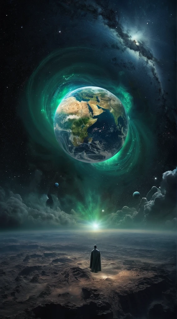 A vast cosmic landscape that stretches as far as the eye can see. At the center, a radiant and luminous sphere, O Sol, radiates a golden light that spreads through space. Around O Sol, a swirl of dust and gas forms a glowing nebula dove stars and planetary systems are about to be born. In the foreground on the left, the newly formed Earth appears as a blue and green sphere, shrouded in clouds and surrounded by the darkness of space. At the top of the image, in majestic and ethereal letters, He reads "Genesis 1", evoking the creation of the universe as described in the biblical book of Genesis, dove "At first, God created the heavens and the earth." The image conveys a sense of majesty, power and wonder with the creation of the cosmos and the Earth.