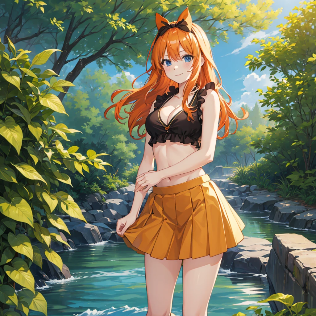 2d, masterpiece, best quality, anime, highly detailed, 1girl, solo, cowboy shot, nakano yotsuba, orange hair, hair bow, crop top, cleavage , miniskirt, medium breasts, standing, , outdoors, smile