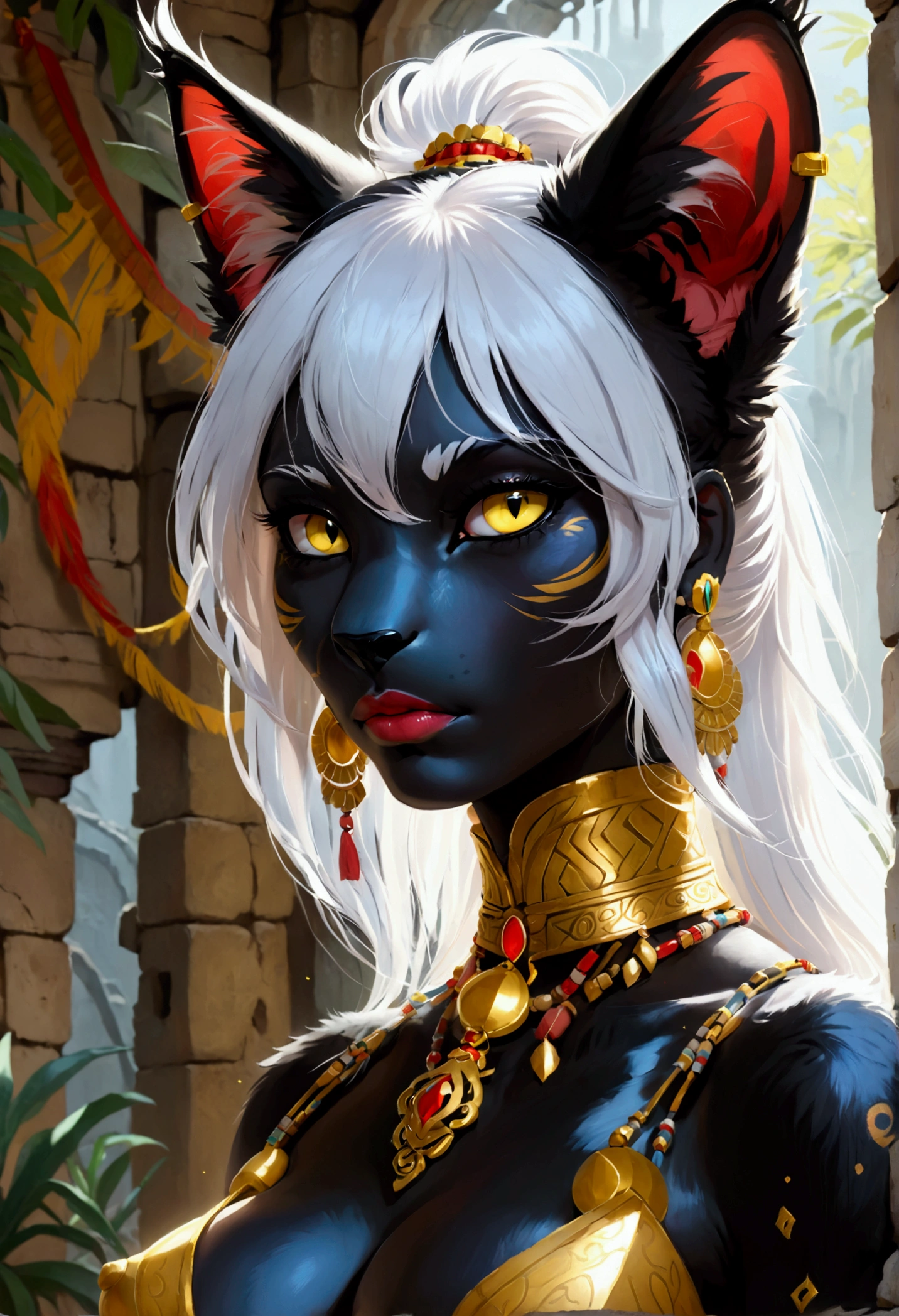 ((Best Quality, Masterpiece, perfect anatomy, detailed picture)), furry, 1 woman, pantera, two tone skin, black body, gray fur, sexy, long white hair, ponytail hair, fluffy feline tail, yellow sclera, tribal tattoo, earrings, red blush, shy, in the ruins, portrait, illustration, gold necklace add_detail:1 ,gold bracelet add_detail:1, navel piercing, Its silhouette has double exposure and the universe can be observed._detail:1