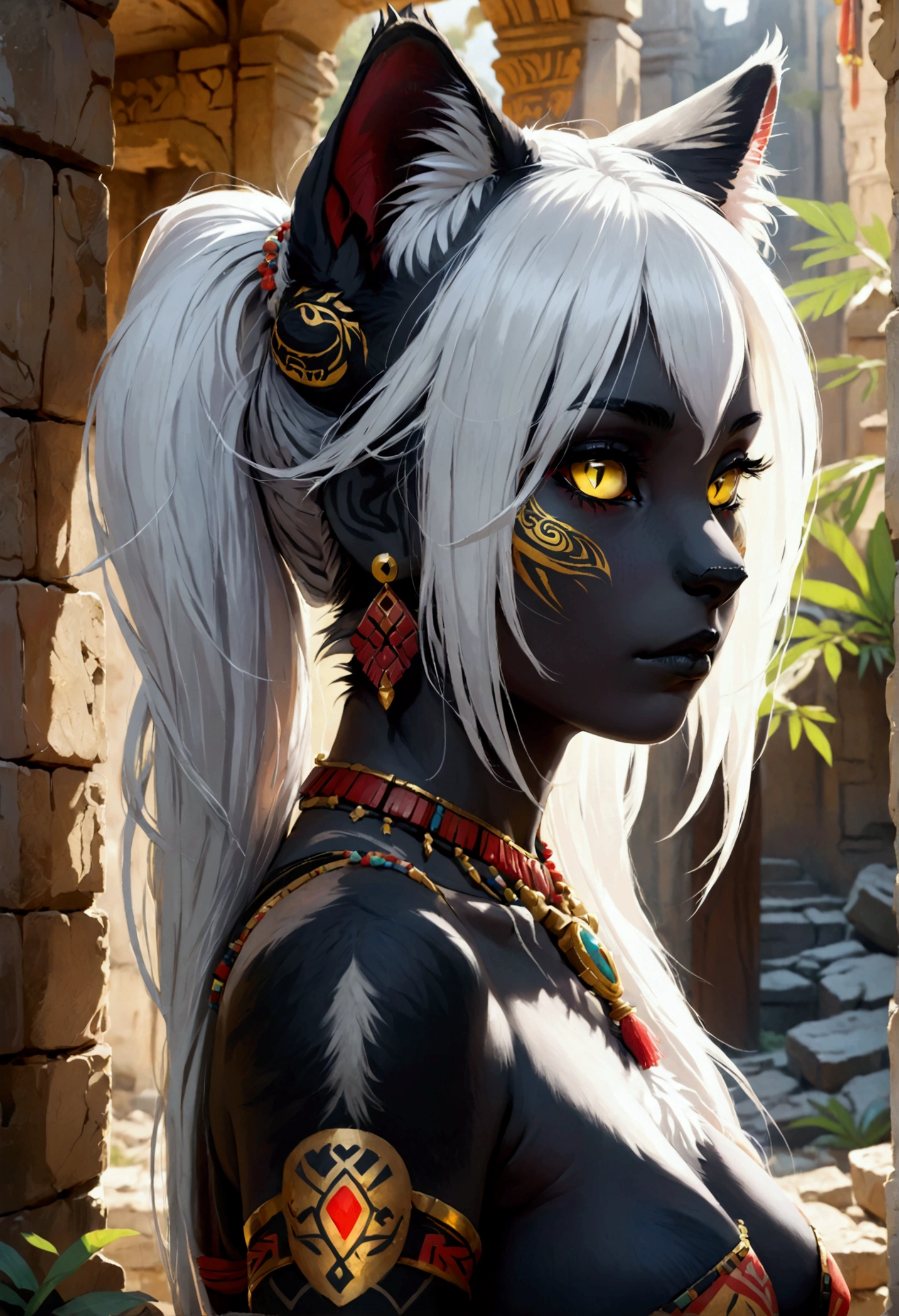 ((Best Quality, Masterpiece, perfect anatomy, detailed picture)), furry, 1 woman, pantera, two tone skin, black body, gray fur, sexy, long white hair, ponytail hair, fluffy feline tail, yellow sclera, tribal tattoo, earrings, red blush, shy, in the ruins, portrait, illustration, gold necklace add_detail:1 ,gold bracelet add_detail:1, navel piercing, Its silhouette has double exposure and the universe can be observed._detail:1