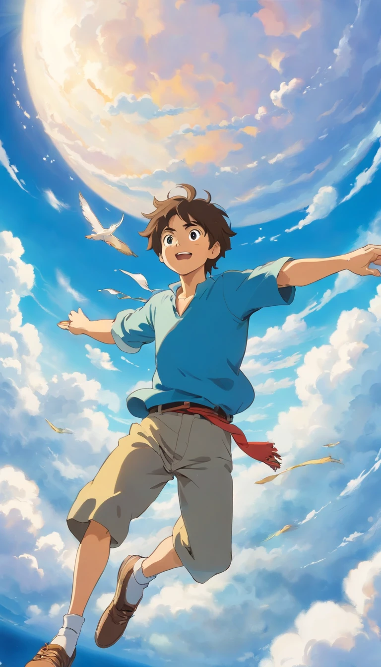 A young man soars through the sky, the cool breeze rushing past his face as he glides effortlessly through the fluffy white clouds. Sunlight filters through the gaps, casting a golden glow on the billowing formations around him. Below, the world stretches out in a patchwork of greens and blues, while above, the sky is a deep, endless expanse of azure. His outstretched arms catch the wind, and he feels a sense of freedom and exhilaration, as if he’s become one with the very essence of the sky itself.