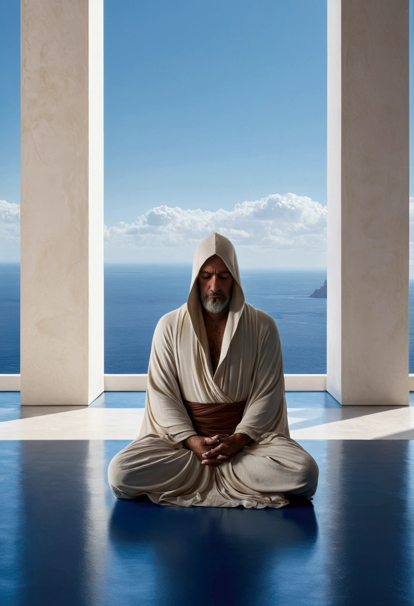 painting of a man sitting in a meditation position on a blue surface, adim kashin, inspired by Enki Bilal, hooded figure, inspired by Gyoshū Hayami, painting of white human figures, detailed painting of dune movie, with no face, ditigal painting, hooded figures, vdragan bibin, shikanosuke yagaki The exhibition hall has only one booth in the middle,An old account book is placed on it,A person looks at the ledger,There are no paintings on the wall, sky landscape, Large windows for good ventilation, Zaha Hadid and Santiago Calatrava landscape panoramic style, clear light, edge lighting, perfect image, architectural outline style, 16k UE5. Super fine, 8K, high dynamic range, Product photography, depth of field, Nikon D850, surreal, no contrast, sharp focus, professional, Blur-free 35mm photography, white crop top, fair earth filled with water and lava, perfect eyes, sharp focus, 8k hd, Crazy details, complex, Caenorhabditis elegans, Atmospheric 4k Super fine festival, movie sensibility, sharp focus, masterpiece, Farbe, surreal, vivid Farbes, (Very detailed CG unified 8k wallpaper), complex, high detail, sharp focus, current, Symmetrical, Volumetric lighting, fair, rich dark masterpiece, Dan Mumford and Mark M. Astrophotography in the style of Simonetti