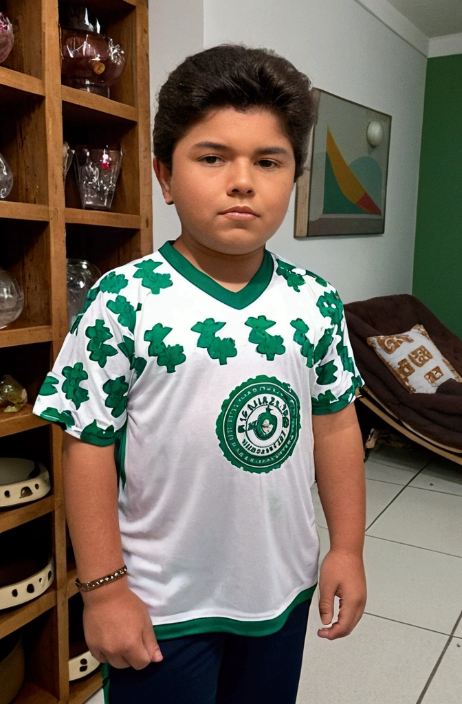 Boy approximately , dark curly hair, wearing a white t-shirt with green details from the Palmeiras team. with rounded face, hole in the chin and slightly light brown skin.