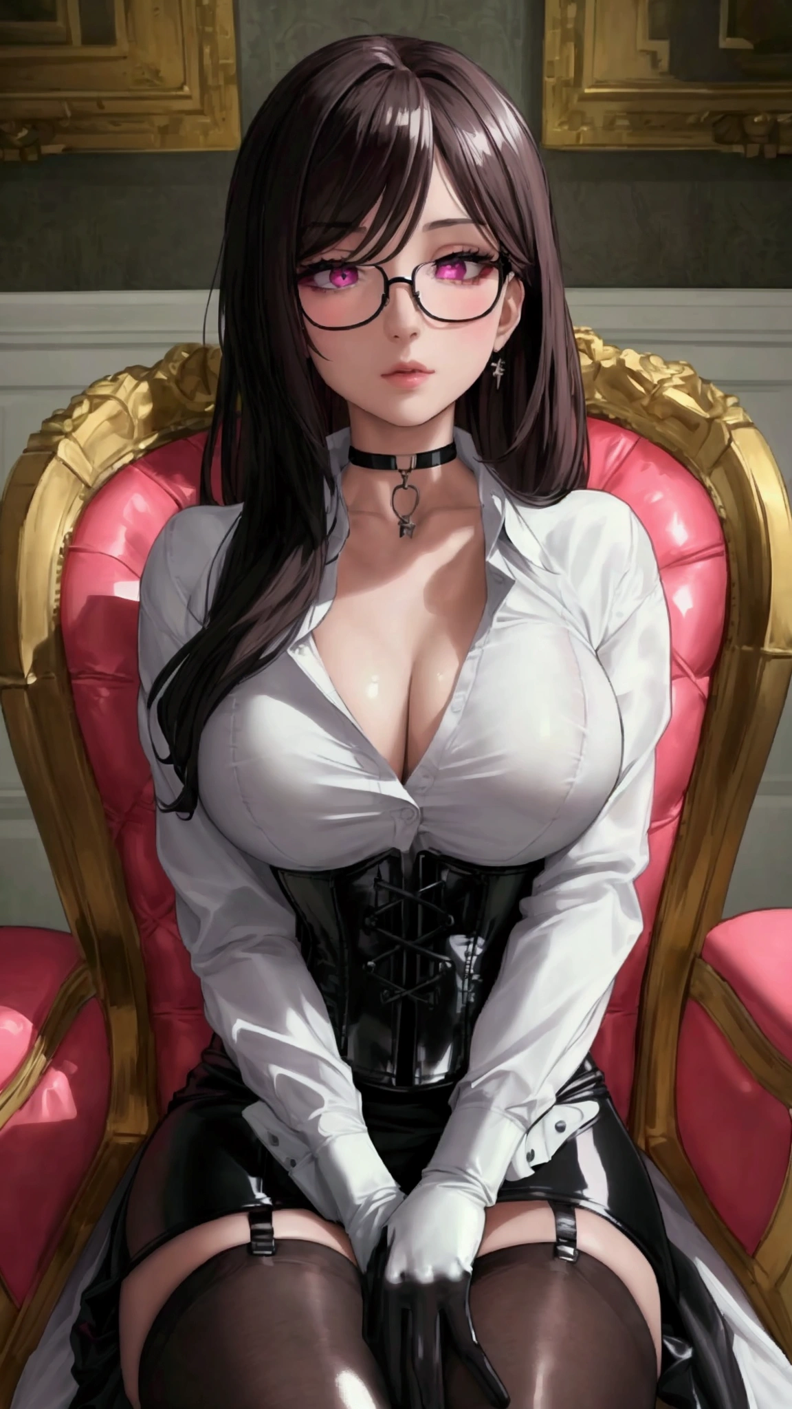 Masterpiece, Beautiful art, professional artist, 8k, Very detailed face, Detailed clothing, detailed fabric, 1 girl, whole body, front view, looking at the viewer, sitting in a furnished chair, pose sexy, BIG BREASTS, perfect thighs, beautiful legs, whole body perfectamente dibujado, shy expression, pale skin, beautiful face, long dark brown hair, 4k eyes, very detailed eyes, pink cheeks, glasses, choker:1.6, (white long sleeve button down shirt with white collar), black gloves, gloves that cover hands, (black leather corset). (shiny black tight mini skirt), Sensual Lips, show details in the eyes, Elegant living room, At night