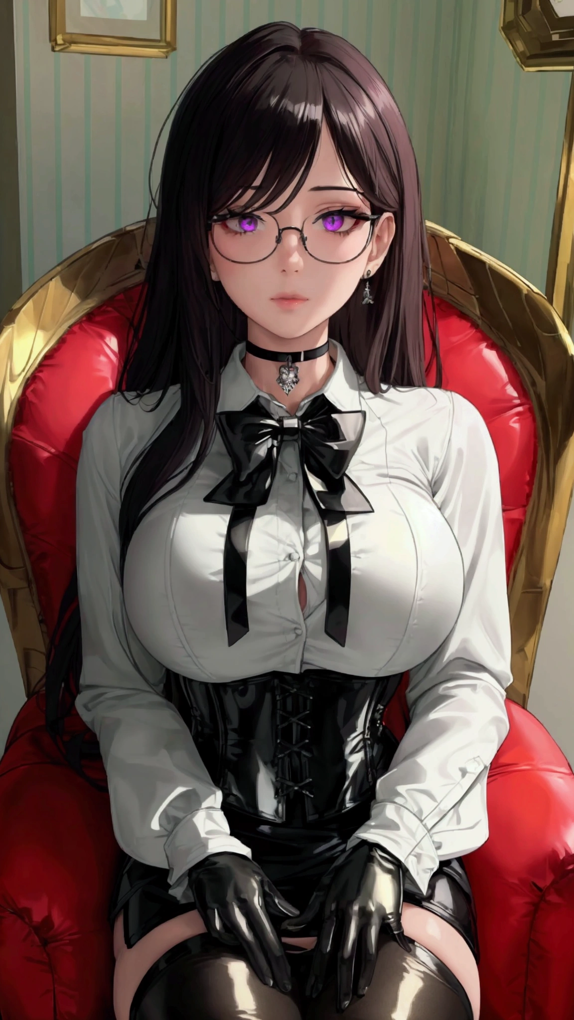 Masterpiece, Beautiful art, professional artist, 8k, Very detailed face, Detailed clothing, detailed fabric, 1 girl, whole body, front view, looking at the viewer, sitting in a furnished chair, pose sexy, BIG BREASTS, perfect thighs, beautiful legs, whole body perfectamente dibujado, shy expression, pale skin, beautiful face, long dark brown hair, 4k eyes, very detailed eyes, pink cheeks, glasses, choker:1.6, (white long sleeve button down shirt with white collar), black gloves, gloves that cover hands, (black leather corset). (shiny black tight mini skirt), Sensual Lips, show details in the eyes, Elegant living room, At night