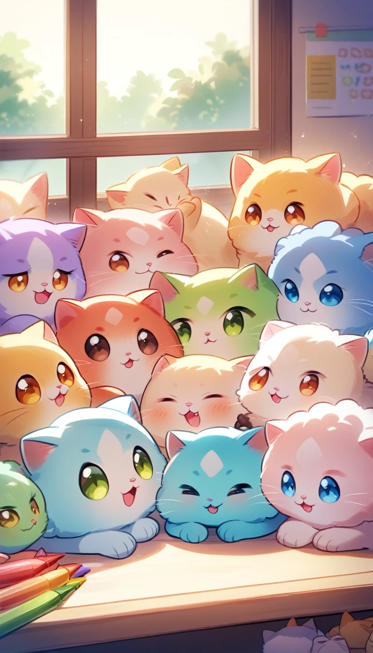 Create a heartwarming scene featuring a cute kitten with fluffy fur and large round eyes. The kitten should be in a cozy classroom filled with bright, sunny windows. The classroom should have a warm and welcoming atmosphere, with several other kittens sitting together, sharing colorful crayons and enjoying yummy snacks during their breaks. The overall image should convey a sense of friendship, fun, and comfort.