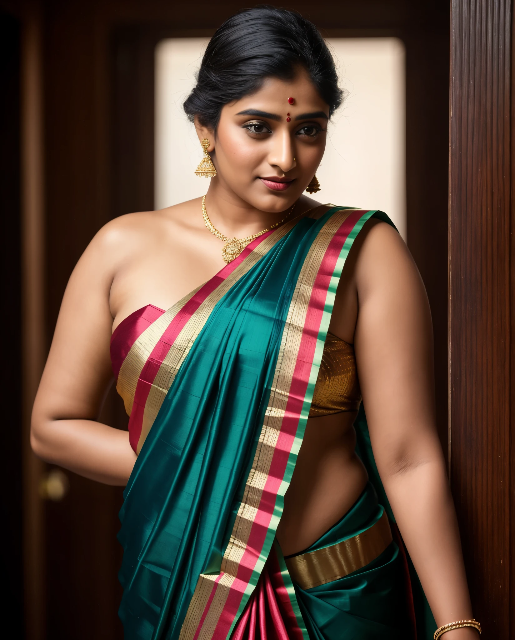 Foto RAW, photorealistic, photography, full body shot, master shot, Saree model, model Photography, Indian saree shoot, Indian traditional wear advertising photography, traditional wear brand shoot, face of Indian actress NivethaThomas, masterpiece, realistic, realism, photorealism, high contrast, photorealistic Artstation 8k HD digital art trend of high definition and detailed realistic skin texture, ultra detail, realistic skin texture, armature, best quality, ultra high definition, (photorealistic:1.4),, high resolution, detail, raw photo, Re sharp, by Lee Jefferies Nikon D850 Film Stock Photo 4 Kodak Portra 400 Camera F1.6 Lens Rich Color Ultra Real Realistic Realistic Textures Dramatic Lighting Unreal Engine Trending at Art Station Cinestill 800,(pele altamente detalhada: 1.2), 8k UHD, DSLR, soft-lighting, alta qualidade, grain of film, Fujifilm XT3, deep navel, jiggly belly, amazing thick figure,