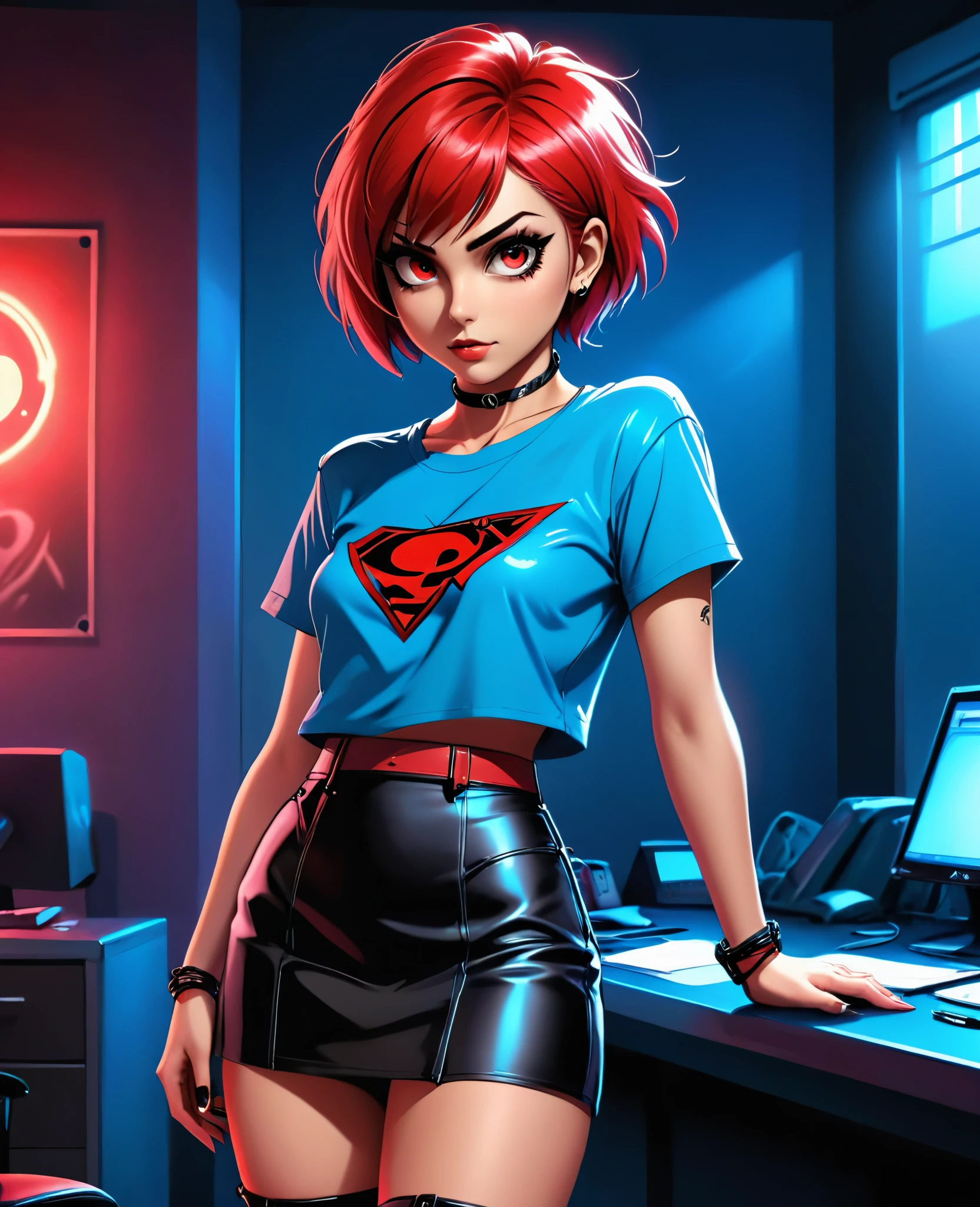 (In style of the 80s and 90s). anime female character, short colored hair, blue eye color, wearing sunglasses, short leather skirt, black tattoo on neck , in the hack room, digital painting "lighting": "dramatic red light, deep shadows", "resolution": "8K, ultra-detailed", (full length)