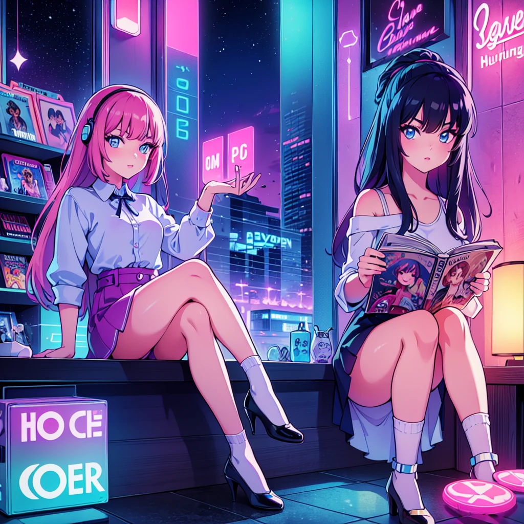 (masterpiece), Highest quality, Expressive eyes, Neon pastel aesthetics, Retro 90s, Neon color,((Girl sitting on sofa,In a cozy room,Records hanging on her wall, Comic books on the floor, Looking out the window behind her at the night city, Upholstered room, Anime figures lined up on a shelf)), Wearing headphones, (All around her it sparkles), (Wearing high socks and heels), (blue eyes), (Soft look), (Synthwave Art Style), Colorful Hair, Desk with PC set up