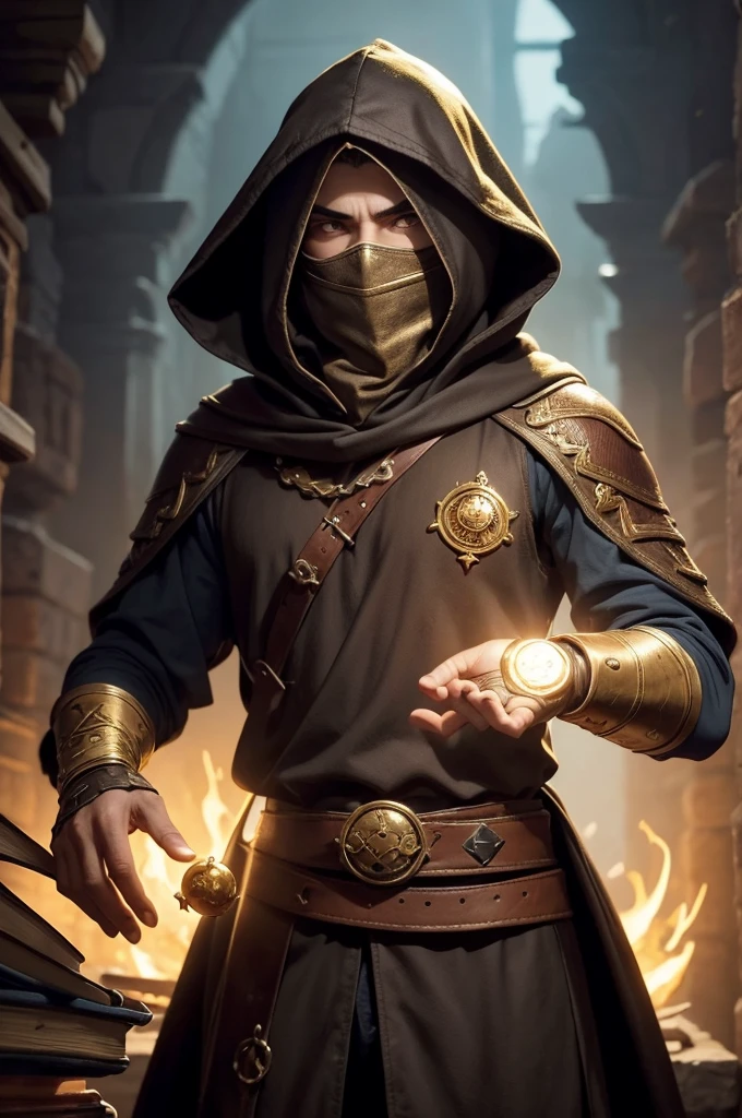 Make a class character "card master" de d&d, com a arte do livro do d&d 5e, The character is male, has a glove on his right hand and holding a magic card in his right hand, He has golden eyes and a hood that covers his face and long clothes..