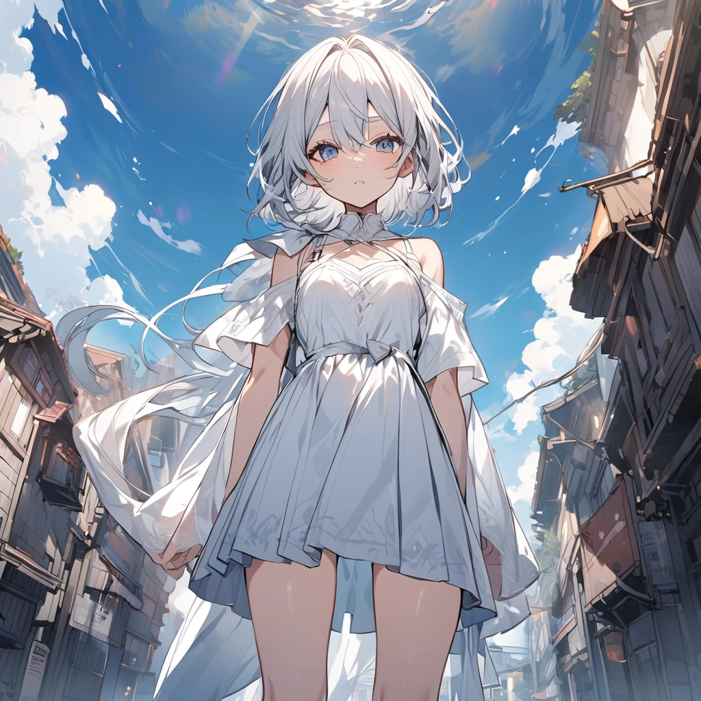 White tunic with thin shoulder straps, skirt above the knee,