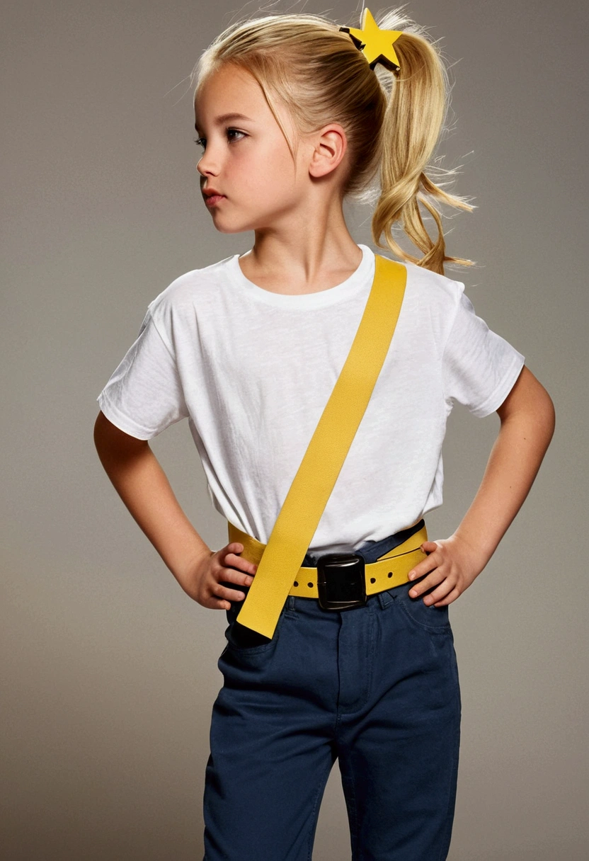 boy, blonde hair pulled back into a ponytail, the rest of the hair is loose, bangs, White T-shirt, black belt strap, blue pants, gray shoes boots, yellow star hairpin on the head.