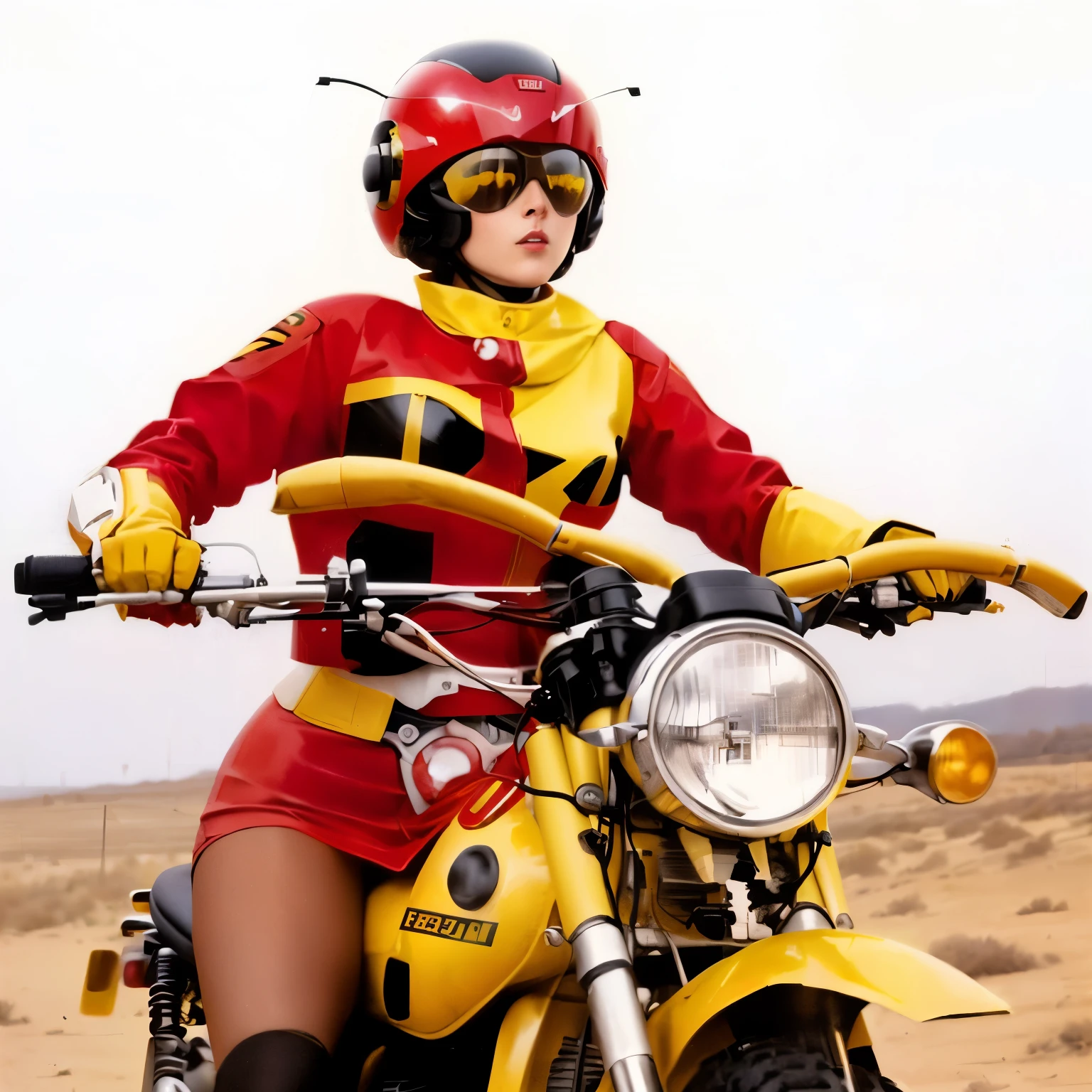 A woman dressed in red and yellow is riding a motorcycle, wearing red and yellow hero suit, bee, 1969, Kamen Rider, Japanese TV shows from the 1970s, Kamen Rider character, As a retro-future heroine, Toei, Special Effects, Ladybug woman 、Moped