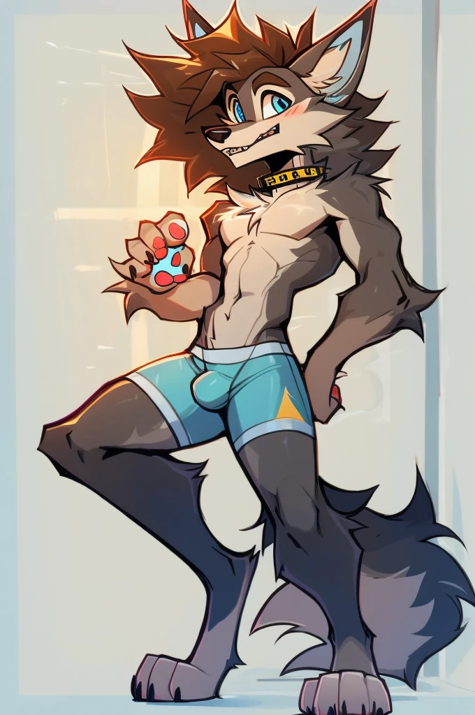 furry, anthro, wolf, fluffy pointed wolf ears, fluffy wolf tail, yellow and white fur, messy fur, neck floof, fluffy mohawk, hair same colour as fur, light blue eyes, razor sharp teeth, slim body, handsome, sexy, slender, tall, wearing a light blue dog collar and light blue and white boxer briefs with a giant bulge, pawpads, pink pawpads, ((best quality, 4K, UHD, masterpiece)), posing playfully,