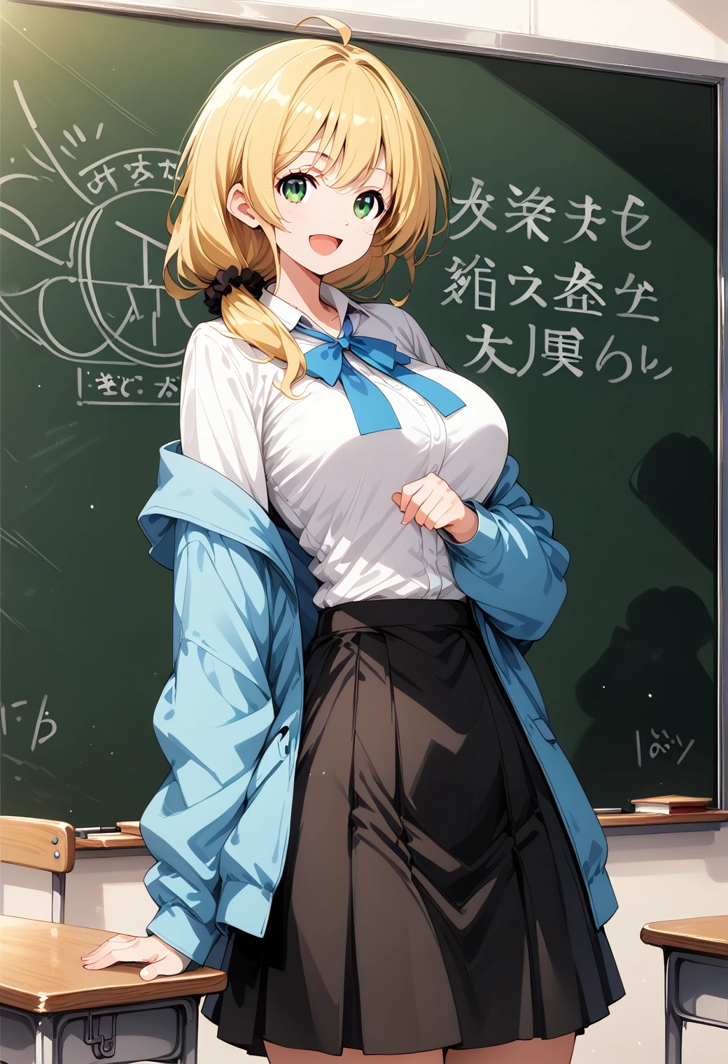 One girl, Cowboy Shot,  Large Breasts, (classroom:1.4), (blackboard:1.1), smile, Open your mouth, 
Ellen_bakery, Green Eyes, Blonde, Long Hair, Hair Scrunchie, Jacket, White shirt, skirt, score_9, score_8_superior, score_7_superior, Break Source_anime, evaluation_Explicit, Highest quality, masterpiece, No correction, alone,