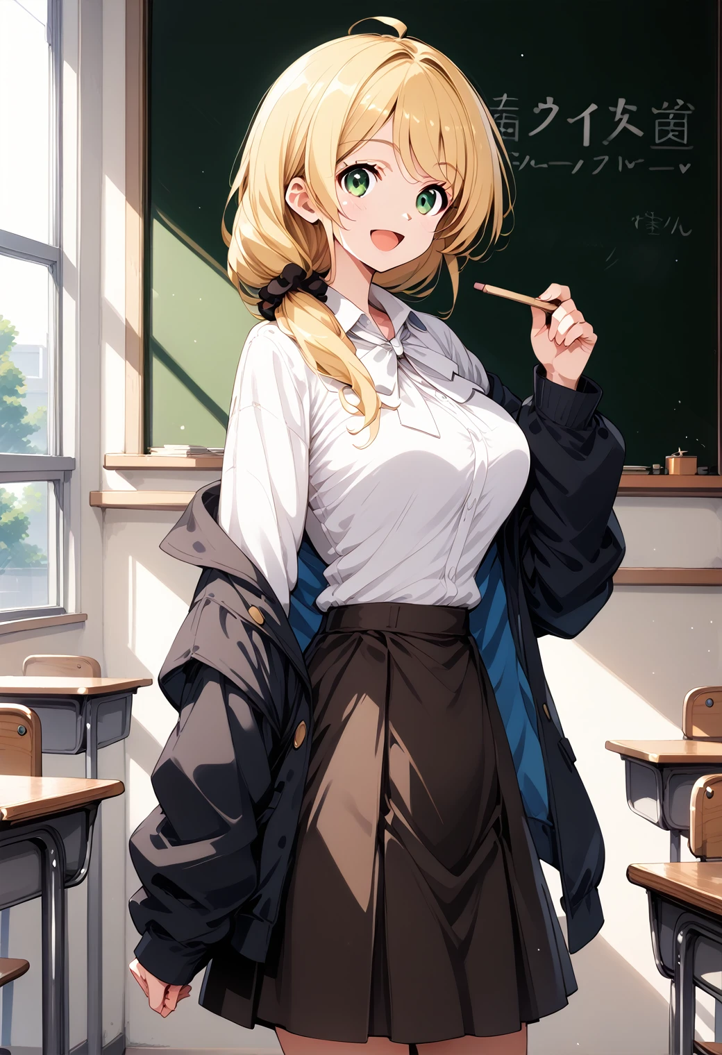 One girl, Cowboy Shot,  Large Breasts, (classroom:1.4), (blackboard:1.1), smile, Open your mouth, 
Ellen_bakery, Green Eyes, Blonde, Long Hair, Hair Scrunchie, Jacket, White shirt, skirt, score_9, score_8_superior, score_7_superior, Break Source_anime, evaluation_Explicit, Highest quality, masterpiece, No correction, alone,