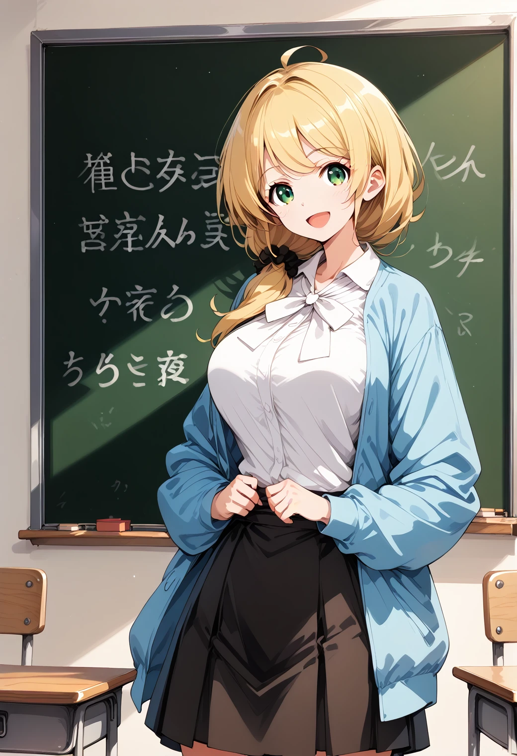 One girl, Cowboy Shot,  Large Breasts, (classroom:1.4), (blackboard:1.1), smile, Open your mouth, 
Ellen_bakery, Green Eyes, Blonde, Long Hair, Hair Scrunchie, Jacket, White shirt, skirt, score_9, score_8_superior, score_7_superior, Break Source_anime, evaluation_Explicit, Highest quality, masterpiece, No correction, alone,