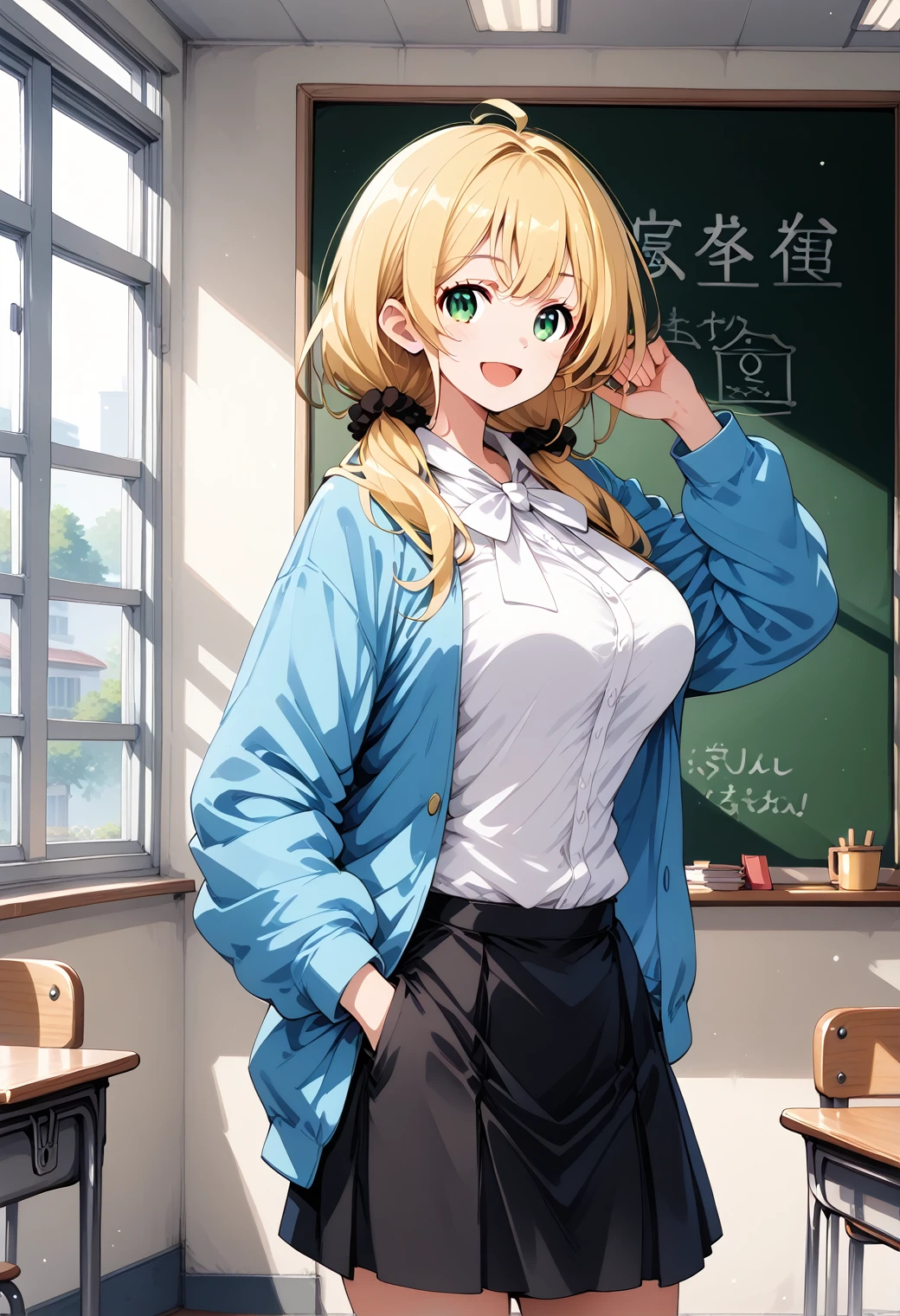 One girl, Cowboy Shot,  Large Breasts, (classroom:1.4), (blackboard:1.1), smile, Open your mouth, 
Ellen_bakery, Green Eyes, Blonde, Long Hair, Hair Scrunchie, Jacket, White shirt, skirt, score_9, score_8_superior, score_7_superior, Break Source_anime, evaluation_Explicit, Highest quality, masterpiece, No correction, alone,