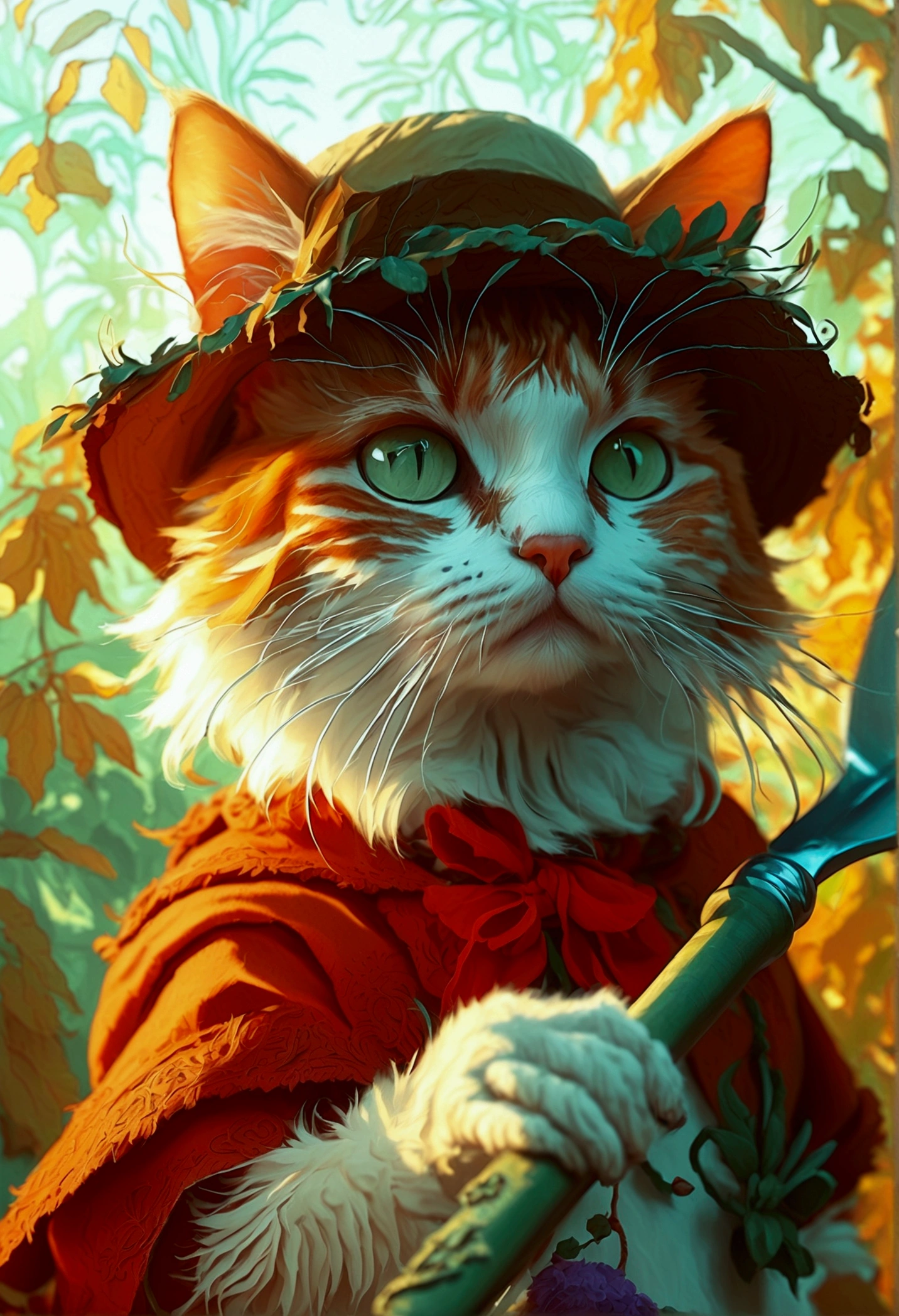 a highly detailed portrait photography of an anthropomorphic gardener cat holding a shovel, vintage film photo, raw style, 7:4 aspect ratio, beautiful detailed eyes, beautiful detailed lips, extremely detailed face and fur, intricate details, cinematic lighting, warm tones, soft bokeh, masterpiece, best quality, 8k, photorealistic, photo-realistic, physically-based rendering, professional, vivid colors