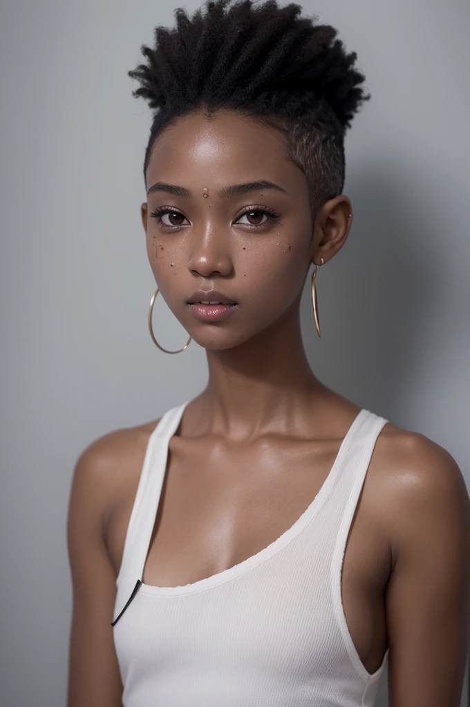 A girl with shaved hair and very dark skin, short height and lots of pimples on her face