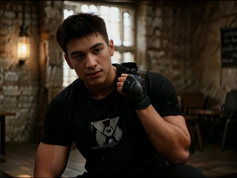 1 homme, 
à 25 ans et.o homme musclé Assis dans un café portant un t-shirt ???? uni et un collier en chaîne de titane, 18-year-old man, red glowing eyes, Fight, mma gloves, mma, school ring, karate school, combat, realism,  Epic, beautiful photography, studio shots, soft Iight, portraits, ultra-realistic skin textures, intricate details, l Ultra HD 32K